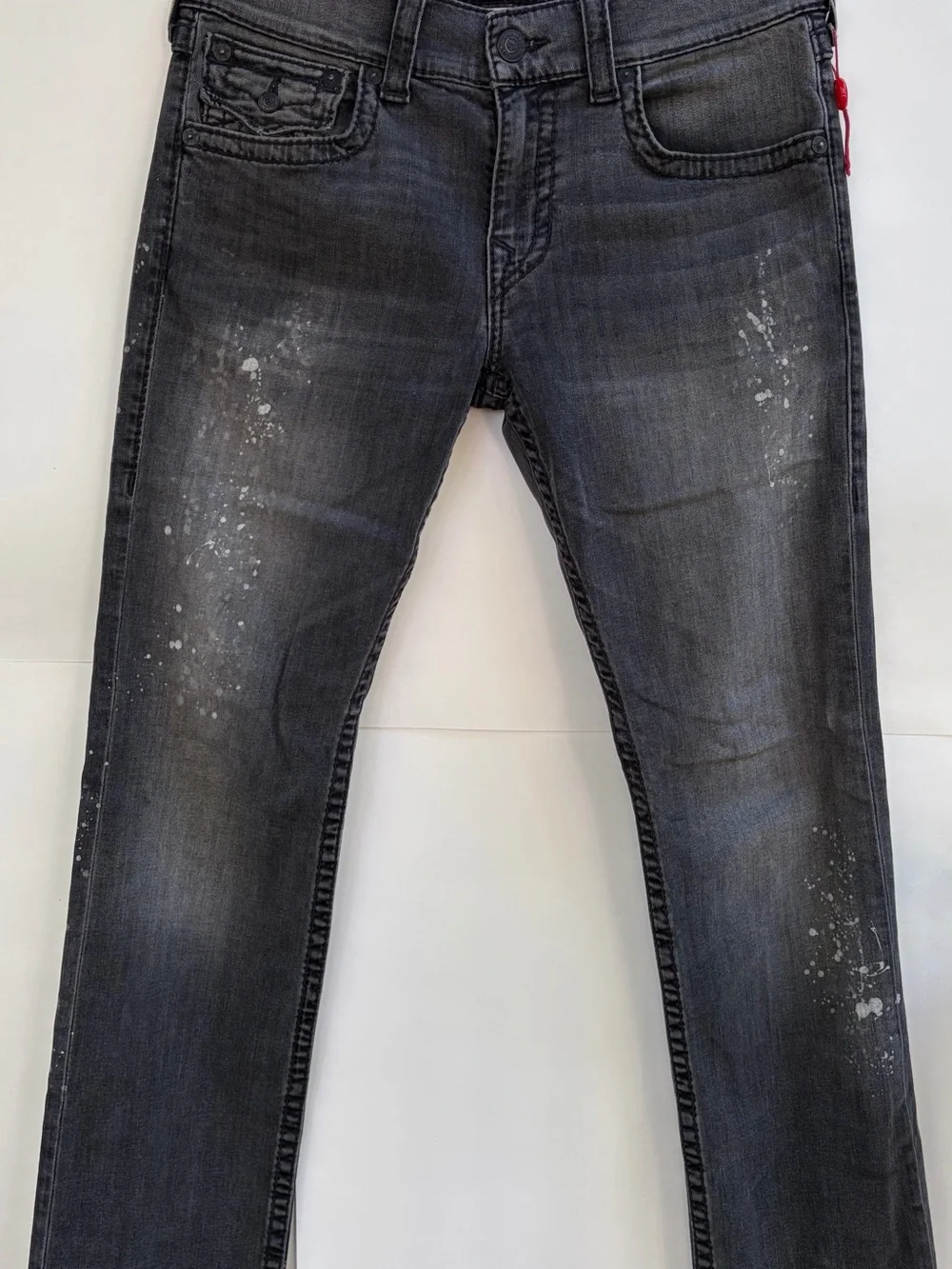 True Religion Straight Grey Acid Wash Paint Splatter Jeans